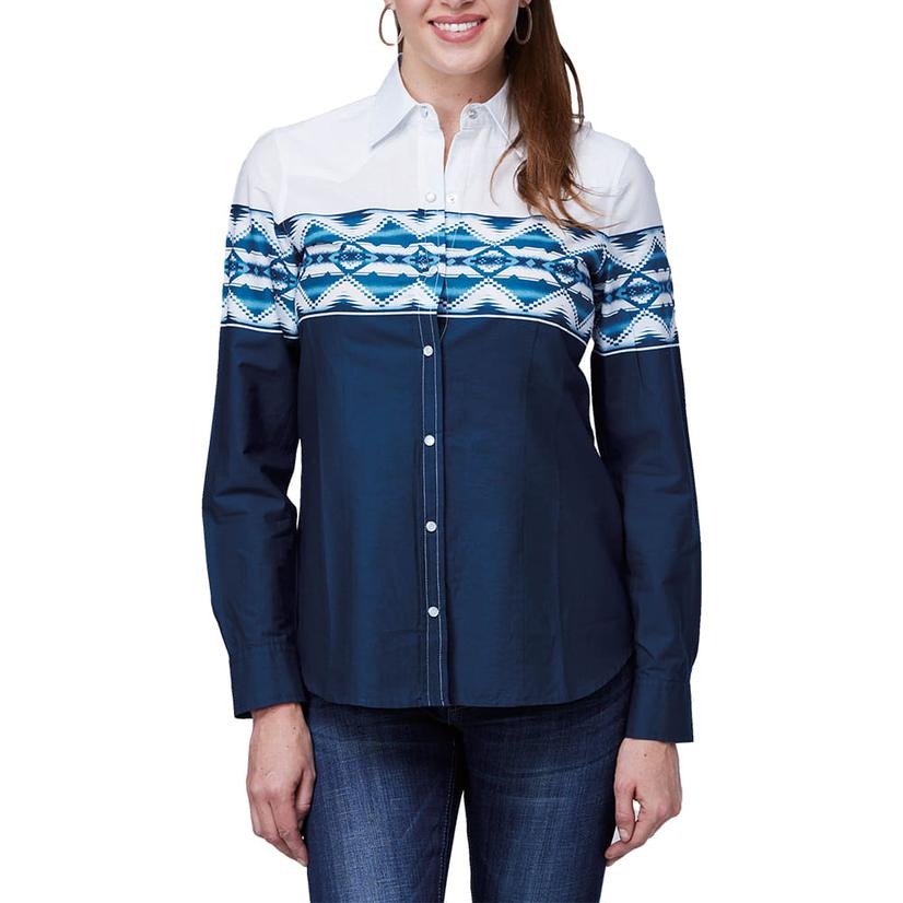  Roper Blue Vintage Border Print Long Sleeve Snap Women's Shirt