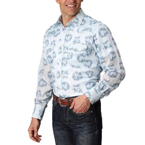 Roper Blue Print Long Sleeve Snap Men's Shirt