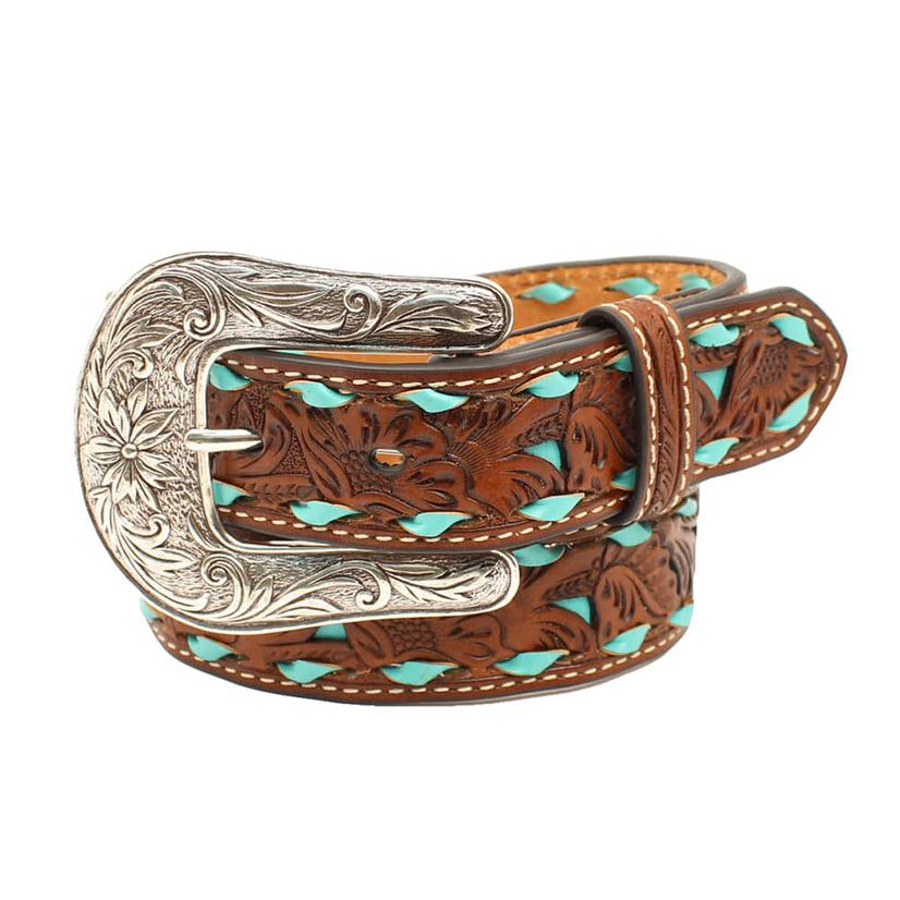  Nocona Floral Pierced Turquoise Brown Leather Girl's Belt