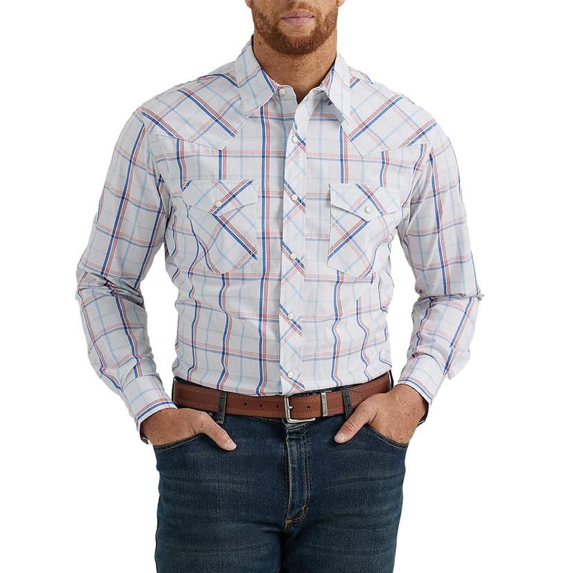  Wrangler 20x Advanced Comfort White Plaid Long Sleeve Snap Men's Shirt