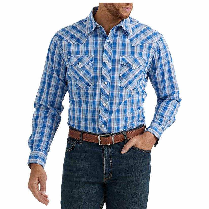  Wrangler 20x Advanced Comfort Blue Plaid Long Sleeve Snap Men's Shirt