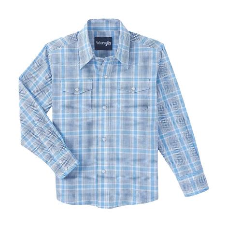 Wrangler Wrinkle Resistant Blue Long Sleeve Snap Boys Shirt