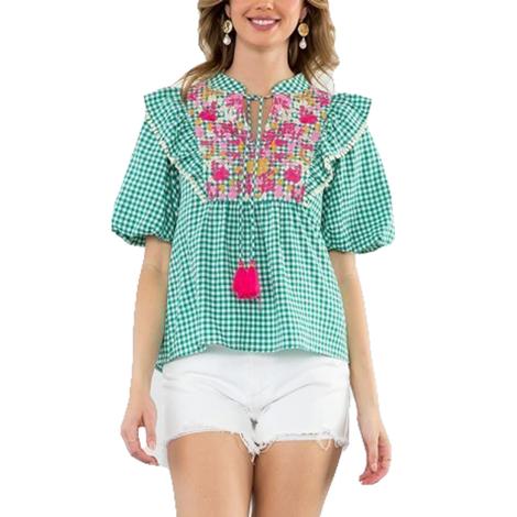 Thml Clothing Women's Puff Sleeve Embroidered Gingham Top In Green