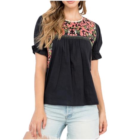 Thml Clothing Women's Short Puff Sleeve Embroidered Top In Black