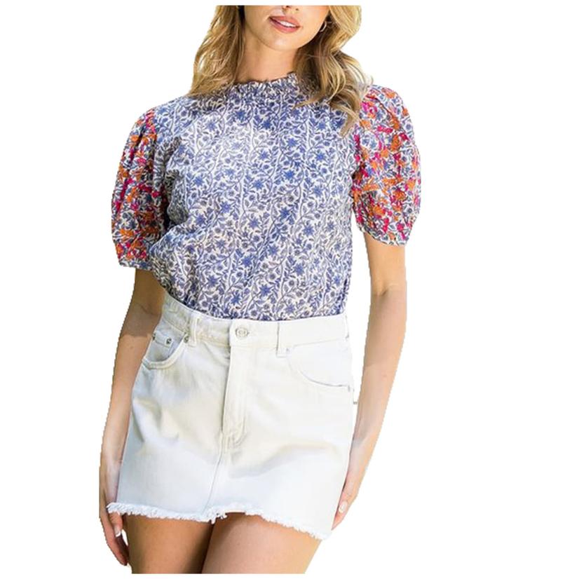  Thml Clothing Women's Embroidered Short Sleeve Flower Print Top In Blue