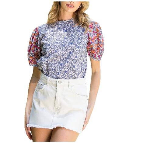 Thml Clothing Women's Embroidered Short Sleeve Flower Print Top In Blue