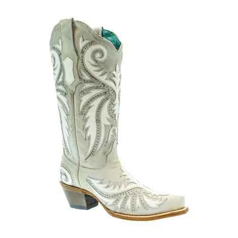 Corral Women's Leather Distressed Sand Beige Overlay Embroidery Studs Boots