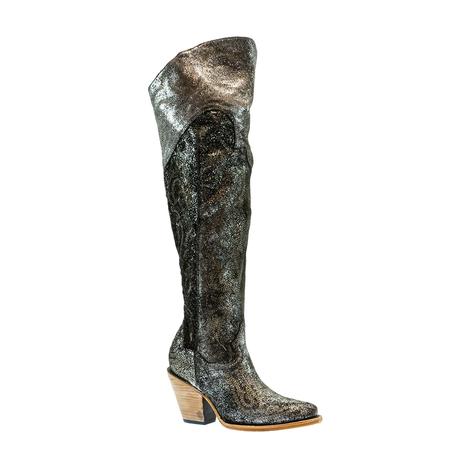 Corral Women's Brown Leather Distressed Silver Metallized Leather Embroidery Boots