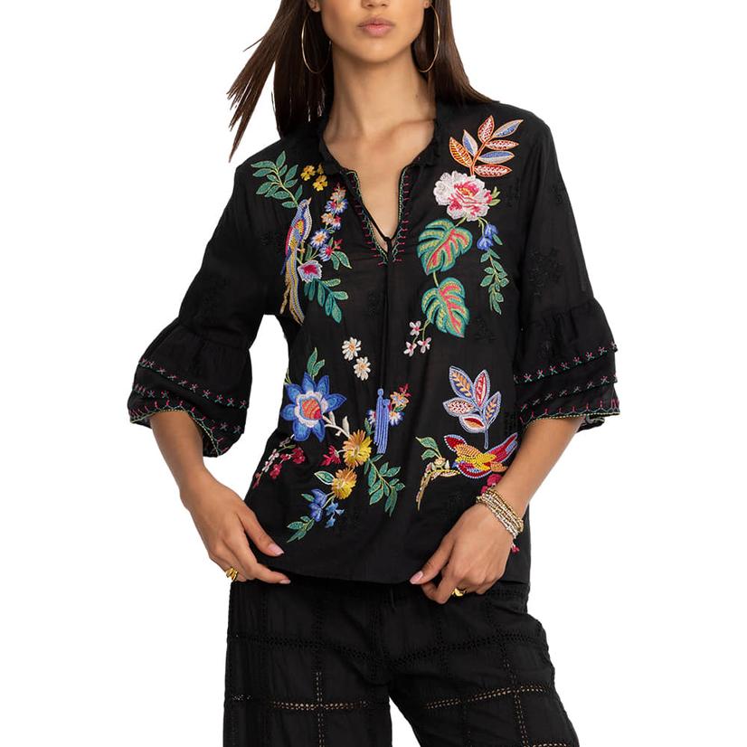  Johnny Was Jeanette Ruffle Sleeve Black Floral Embroidered Women's Blouse