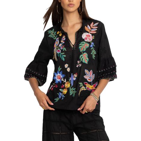 Johnny Was Jeanette Ruffle Sleeve Black Floral Embroidered Women's Blouse