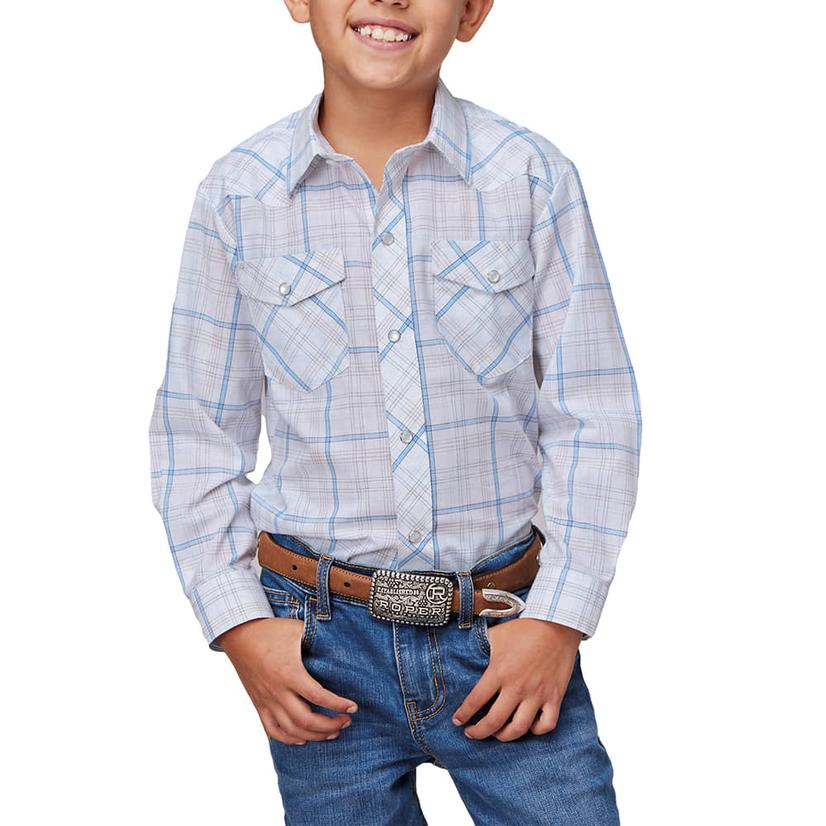  Roper Karman Classics Boy's Snap Long Sleeve Shirt In White And Blue Plaid