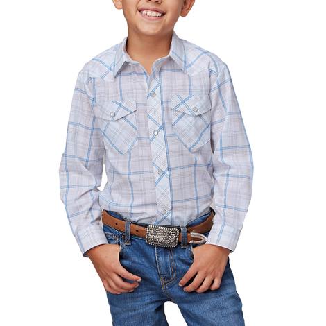 Roper Karman Classics Boy's Snap Long Sleeve Shirt In White And Blue Plaid