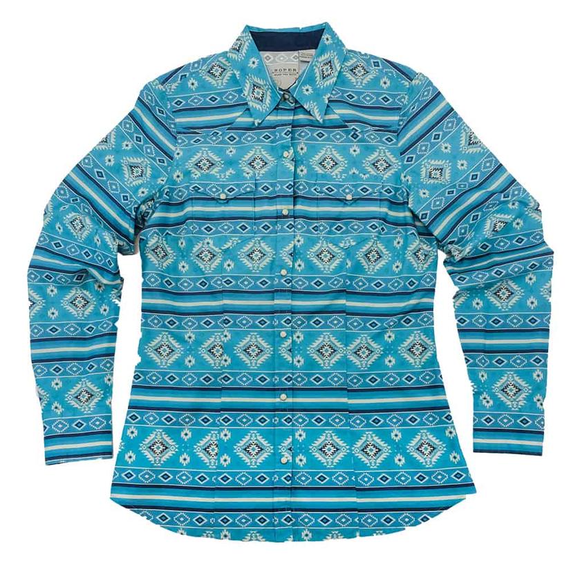  Roper Blue Aztec Print Long Sleeve Snap Women's Shirt