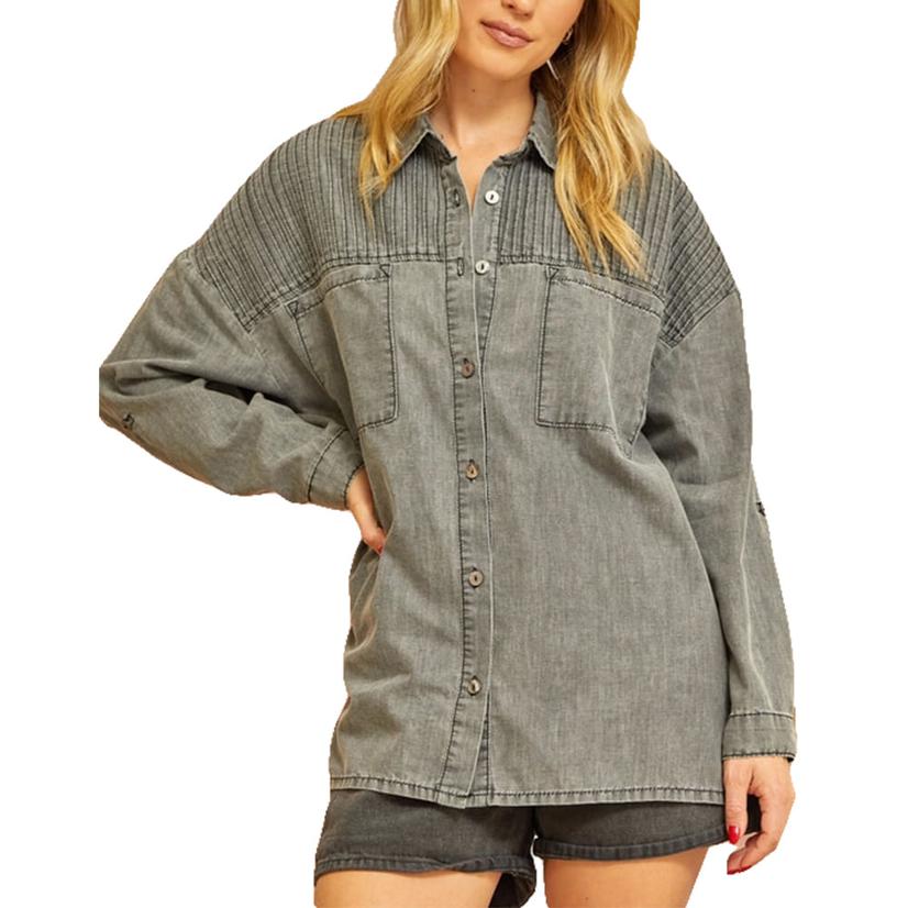  Andree By Unit Charcoal Denim Button- Down Long Sleeve Women's Top