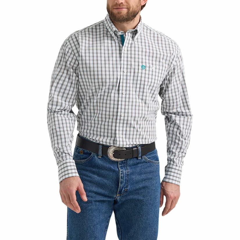  Wrangler George Strait One Pocket Long Sleeve Brown And White Plaid Men's Shirt