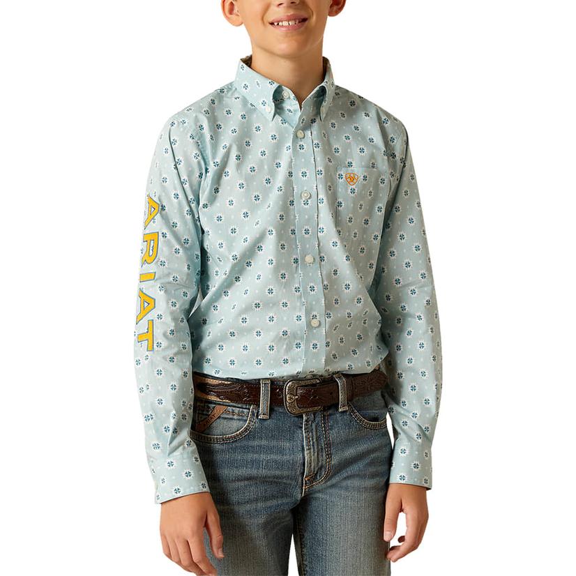  Ariat Boy's Long Sleeve Team Colton Aqua Button- Down Shirt