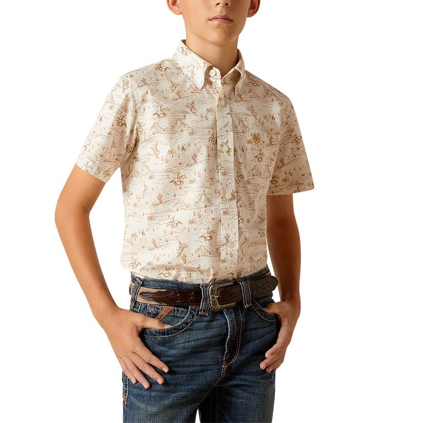  Ariat Casual Series Short Sleeve Button- Down Edison Tan Boy's Shirt