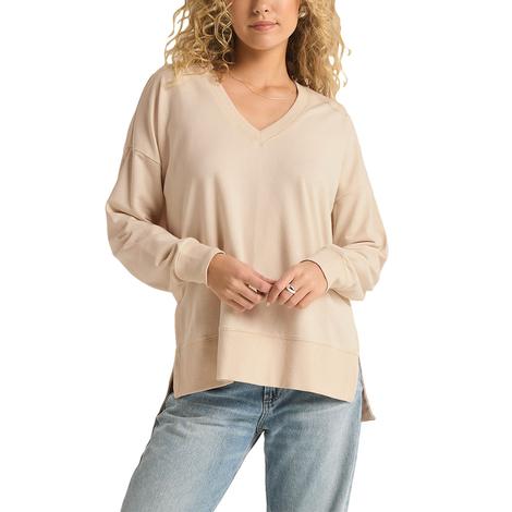 Z Supply Modern V-Neck Weekender Long Sleeve Women's Shirt In Fossil 