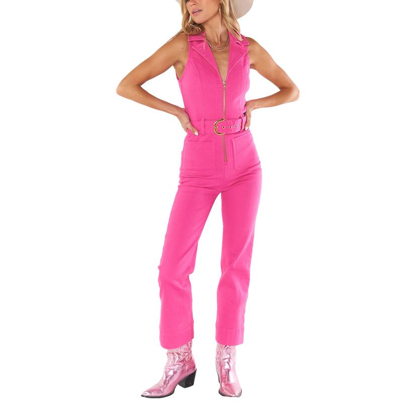  Show Me Your Mumu Women's Jacksonville Cropped Pink Denim Jumpsuit