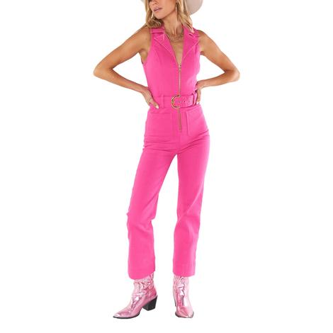 Show Me Your Mumu Women's Jacksonville Cropped Pink Denim Jumpsuit