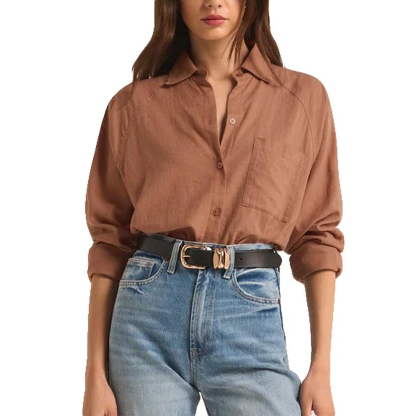  Z Supply Perfect Button- Down Women's Long Sleeve Linen Top In Mocha Mousse