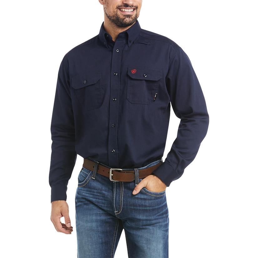  Ariat Men's Fr Solid Navy Long Sleeve Button- Down Shirt