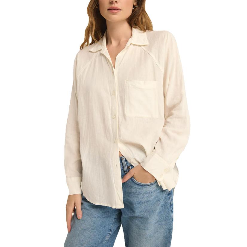  Z Supply Perfect Button- Down Women's Long Sleeve Linen Top In White