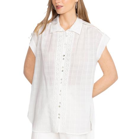 Calme White Button-Down Shirred Shoulder Women's Blouse
