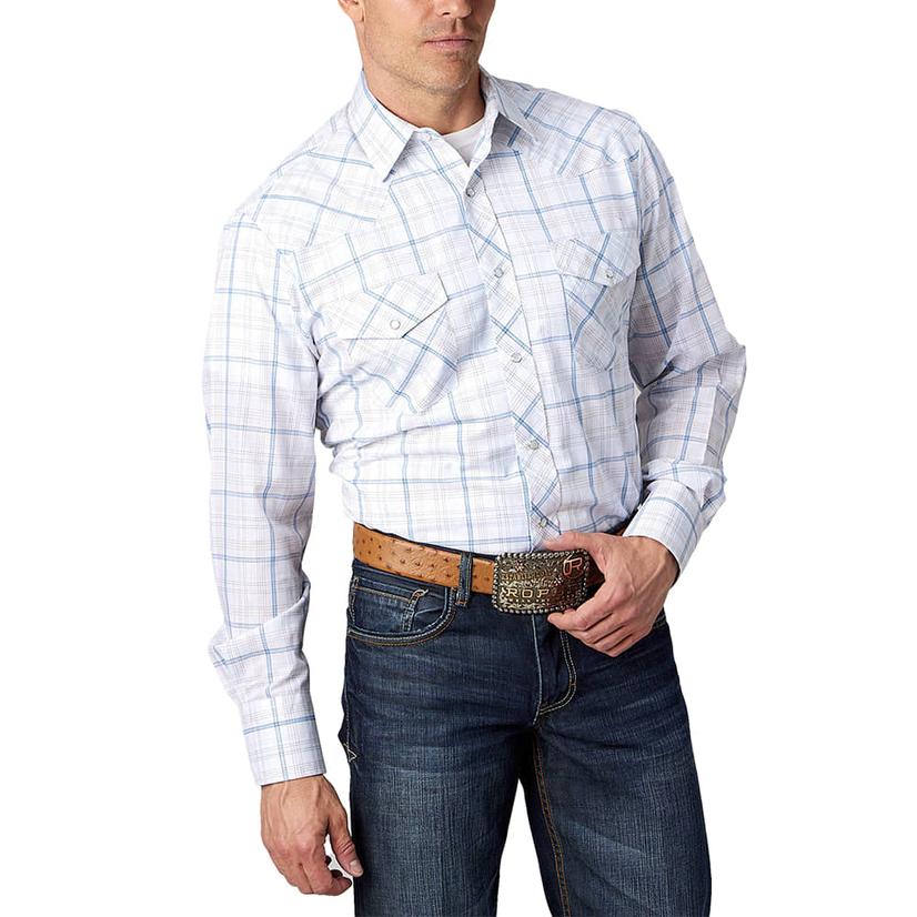  Roper Plaid White And Blue Long Sleeve Snap Front Men's Shirt