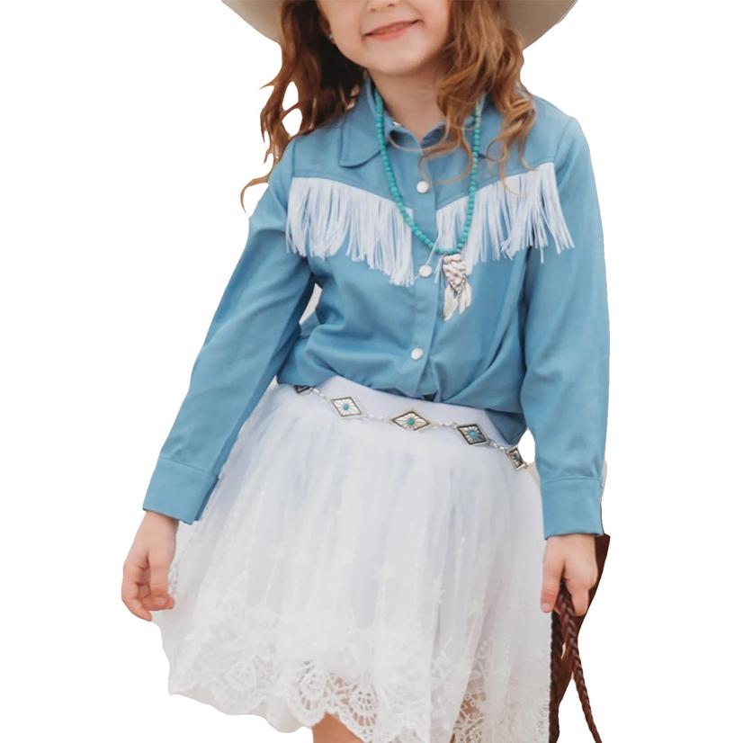  Shea Baby Girl's Denim Long Sleeve Snap Fringe Shirt