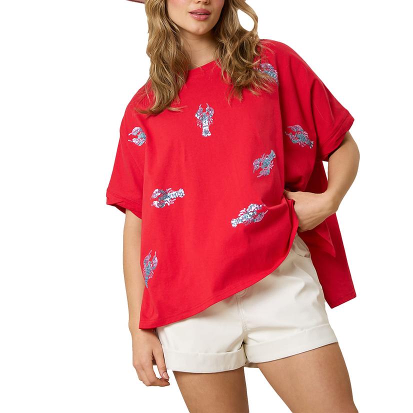  Peach Love Red Sequin Crawfish Short Sleeve Women's Shirt