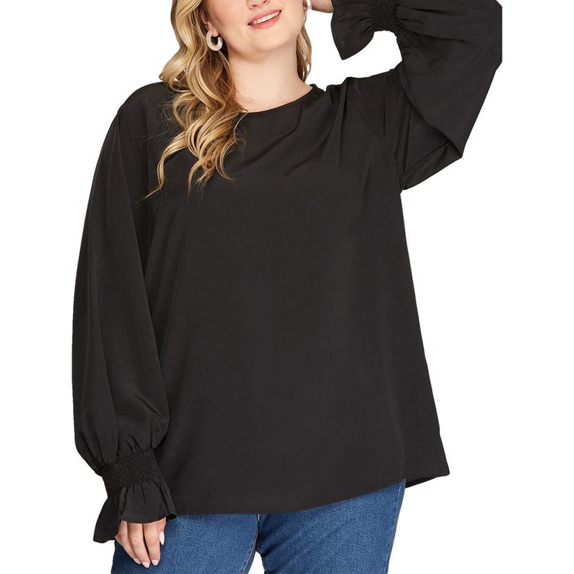  She And Sky Black Silk Long Sleeve Women's Top