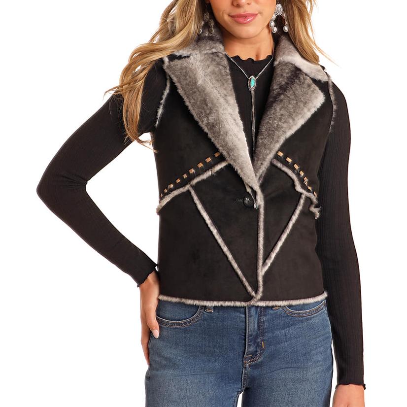  Powder River Women's Black Micro Suede Faux Fur Vest