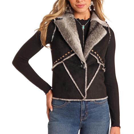 Powder River Women's Black Micro Suede Faux Fur Vest