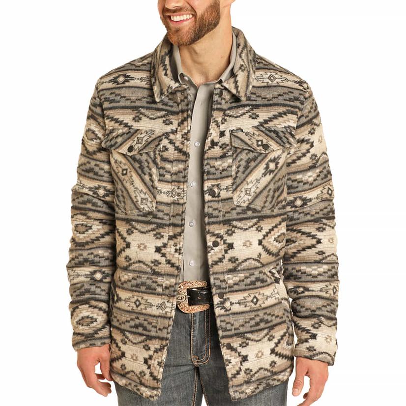  Rock And Roll Men's Taupe Quilted Brushed Aztec Jacquard Jacket