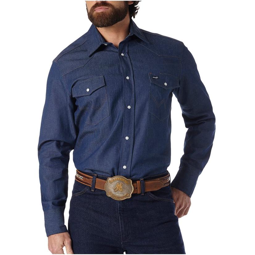  Wrangler Classic Fit Firm Finish Indigo Denim Long Sleeve Snap Men's Work Shirt - Regualr And Tall Sizes