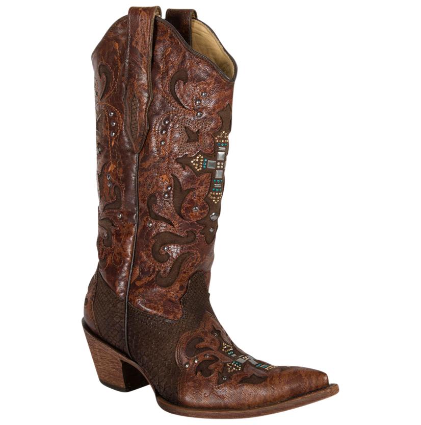 Corral Womens Crystal Cross Brown Python Boots